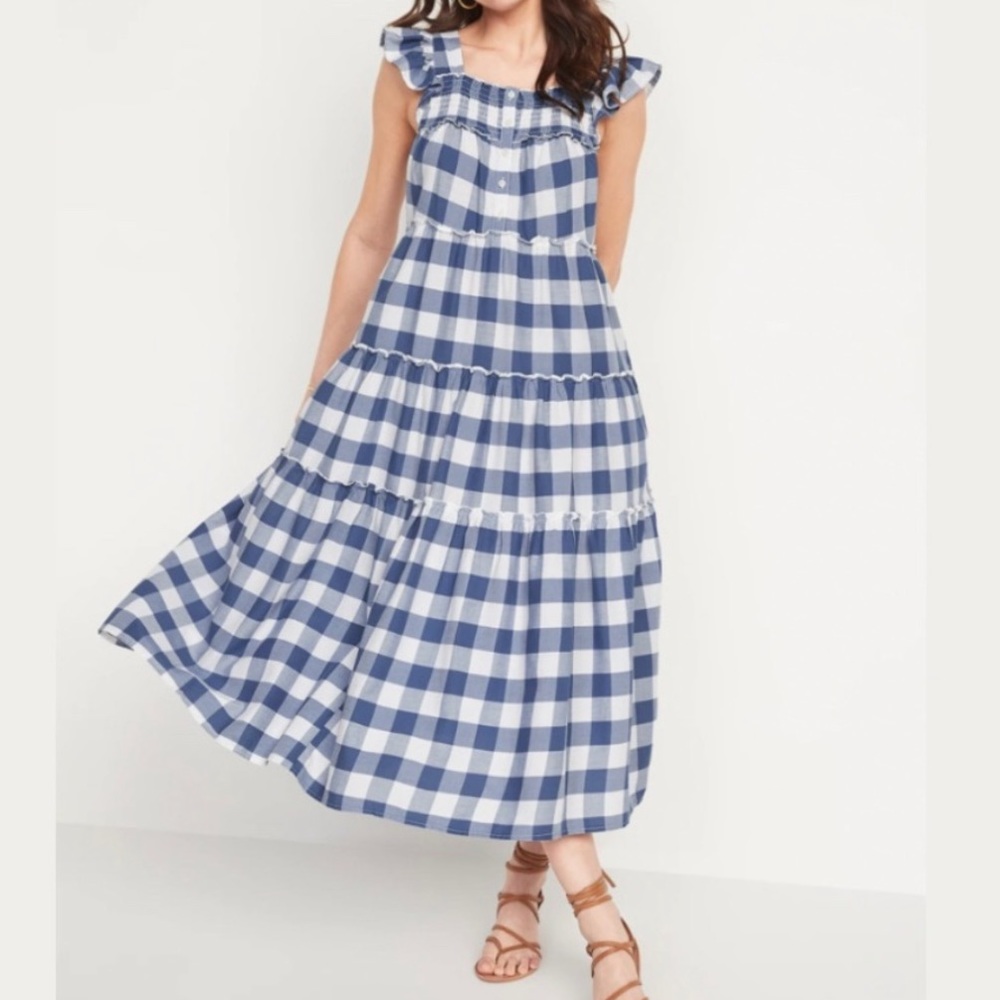 OLD NAVY Blue Flutter Sleeve Tiered Smocked Gingham Midi Swing Dress | S